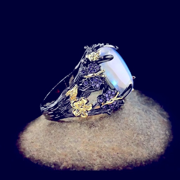 Gold & Black Butterfly Flower Moonstone Ring - Picture 3 of 5